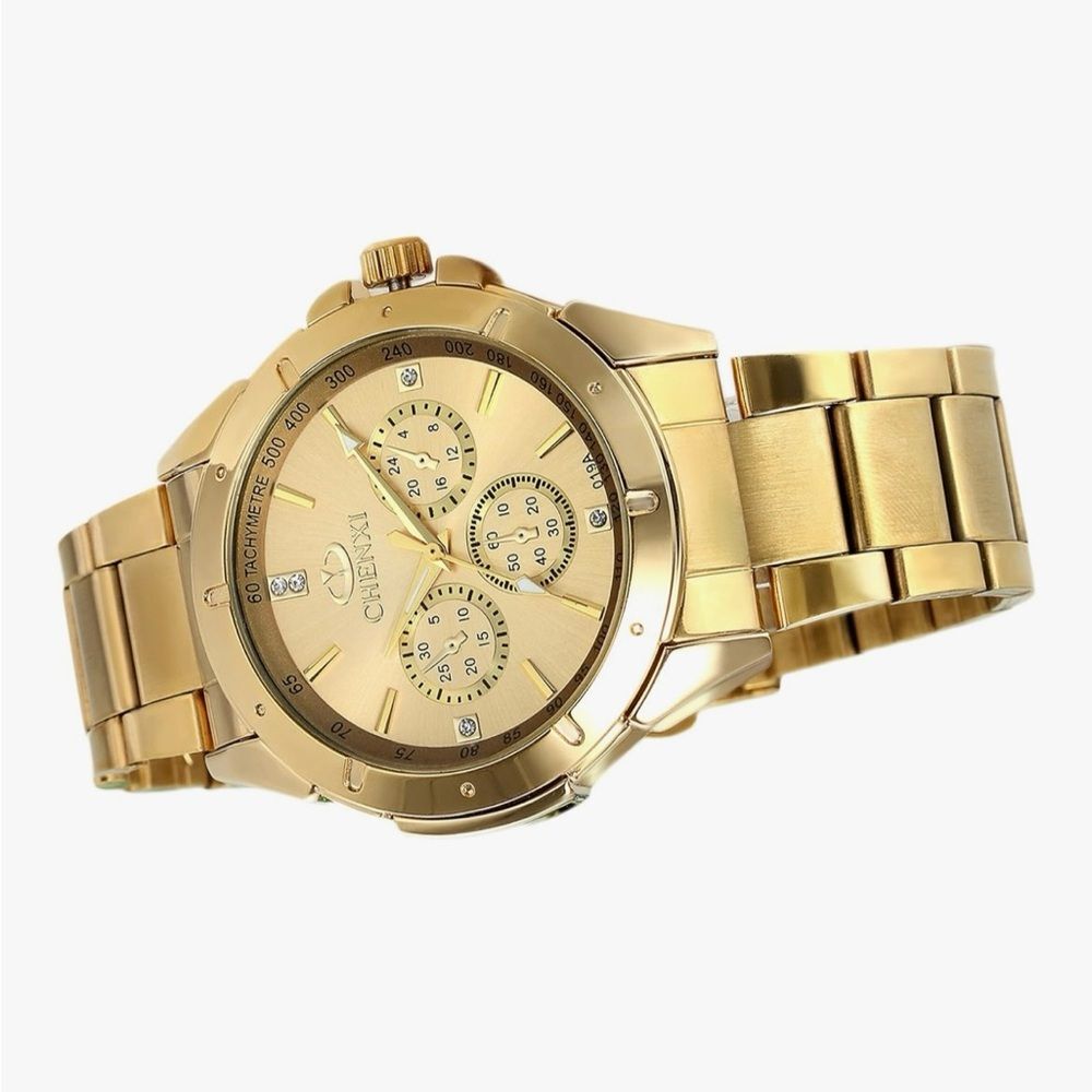 Gold Stainless Steel Luxury Watch Unisex Analog Quartz Chronographic Black Dial